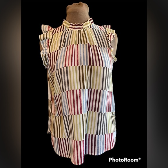Loft multi colored sleeveless ruffle shoulder top. Size- S - Picture 1 of 7